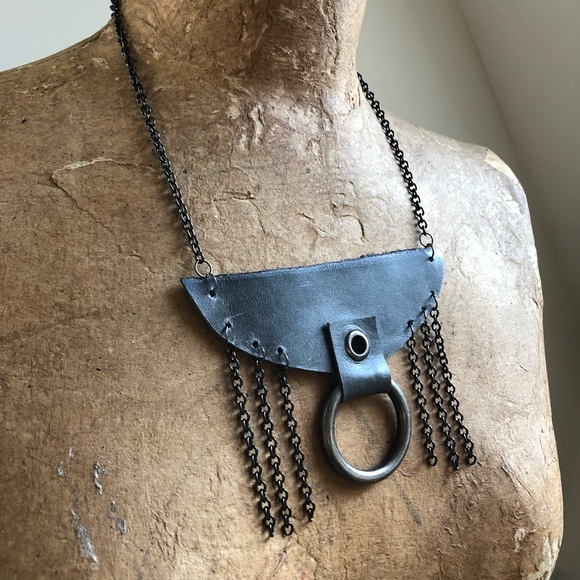 Industrial tribal leather and chain handmade OOAK statement festival necklace - Picture 1 of 6